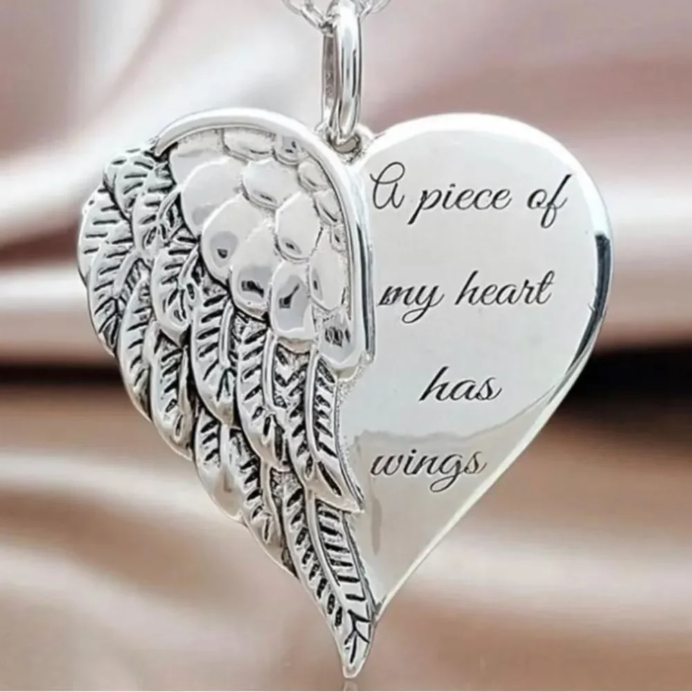 Silver Plated Memorial Heart With Wings Necklace